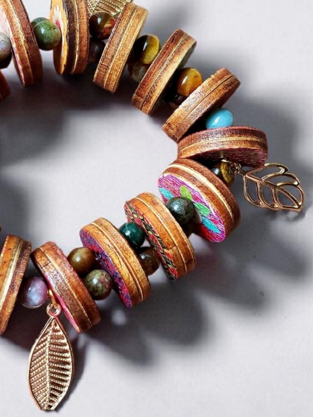 Handcrafted Multicolor Wood & Bead Stretch Bracelet with Gold Leaf Charms